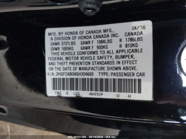 Photo 8 VIN: 2HGFC4B04GH304669 - HONDA CIVIC 