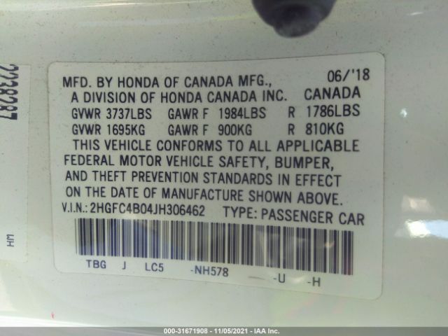 Photo 8 VIN: 2HGFC4B04JH306462 - HONDA CIVIC COUPE 