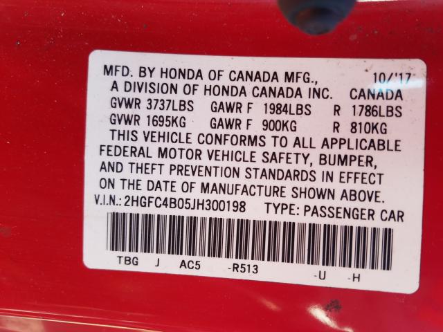 Photo 9 VIN: 2HGFC4B05JH300198 - HONDA CIVIC LX 