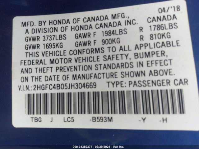 Photo 8 VIN: 2HGFC4B05JH304669 - HONDA CIVIC COUPE 