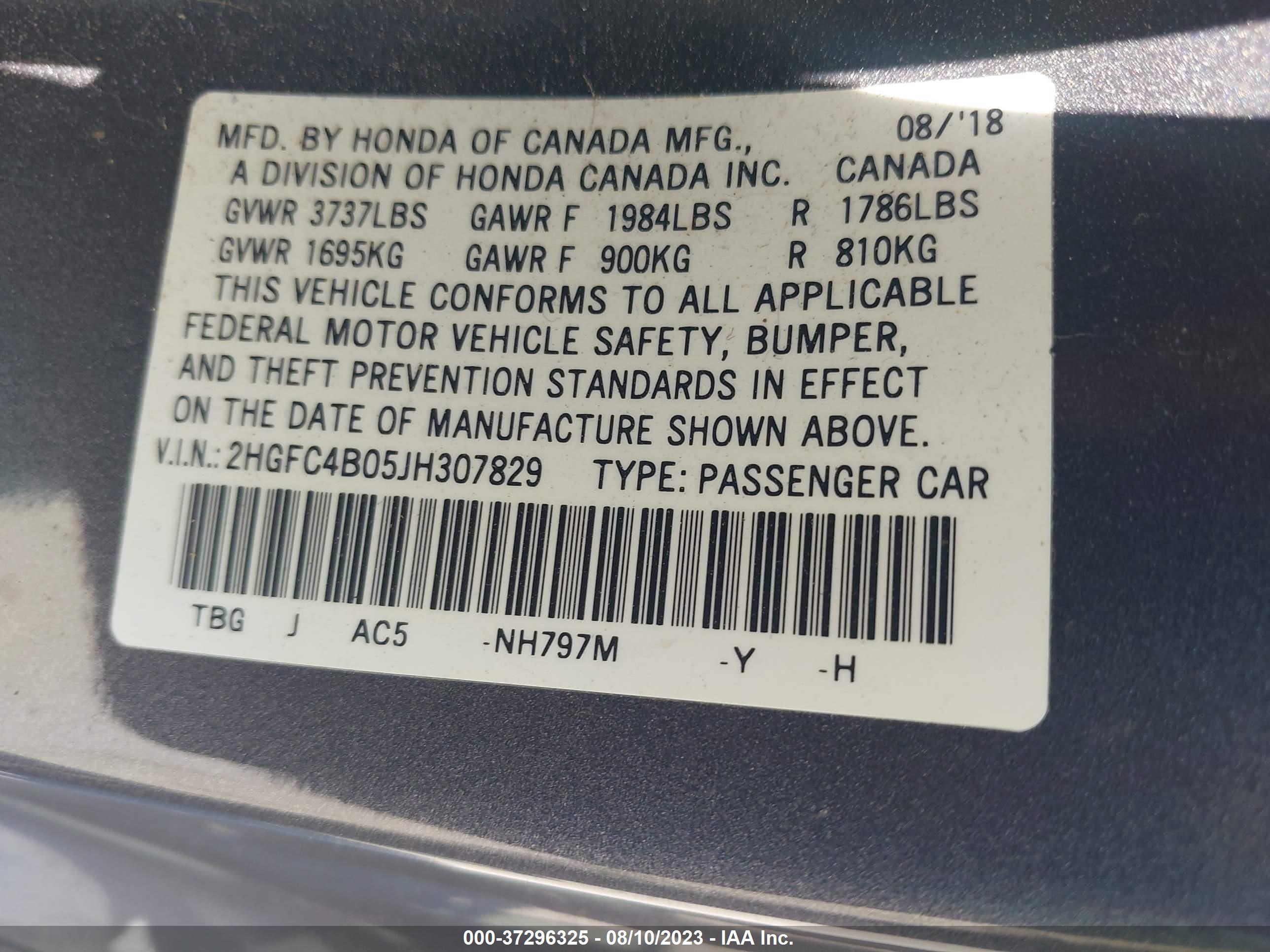 Photo 8 VIN: 2HGFC4B05JH307829 - HONDA CIVIC 