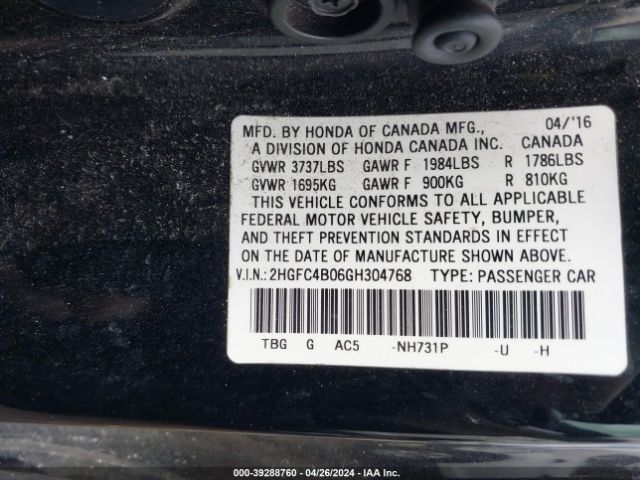 Photo 8 VIN: 2HGFC4B06GH304768 - HONDA CIVIC 