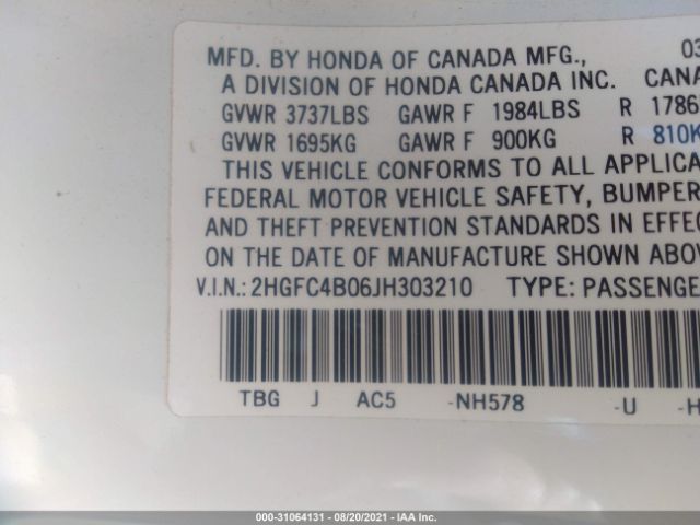 Photo 8 VIN: 2HGFC4B06JH303210 - HONDA CIVIC COUPE 