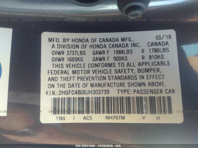 Photo 8 VIN: 2HGFC4B06JH303739 - HONDA CIVIC 