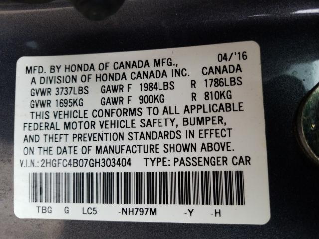 Photo 9 VIN: 2HGFC4B07GH303404 - HONDA CIVIC LX 