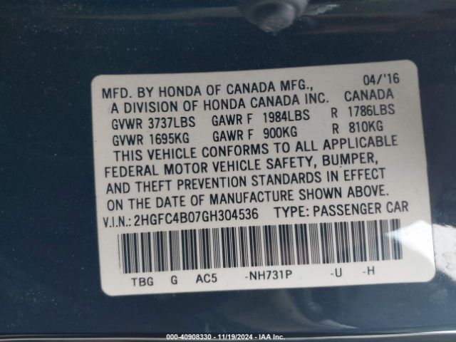 Photo 8 VIN: 2HGFC4B07GH304536 - HONDA CIVIC 