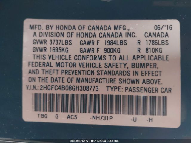 Photo 8 VIN: 2HGFC4B08GH308773 - HONDA CIVIC 