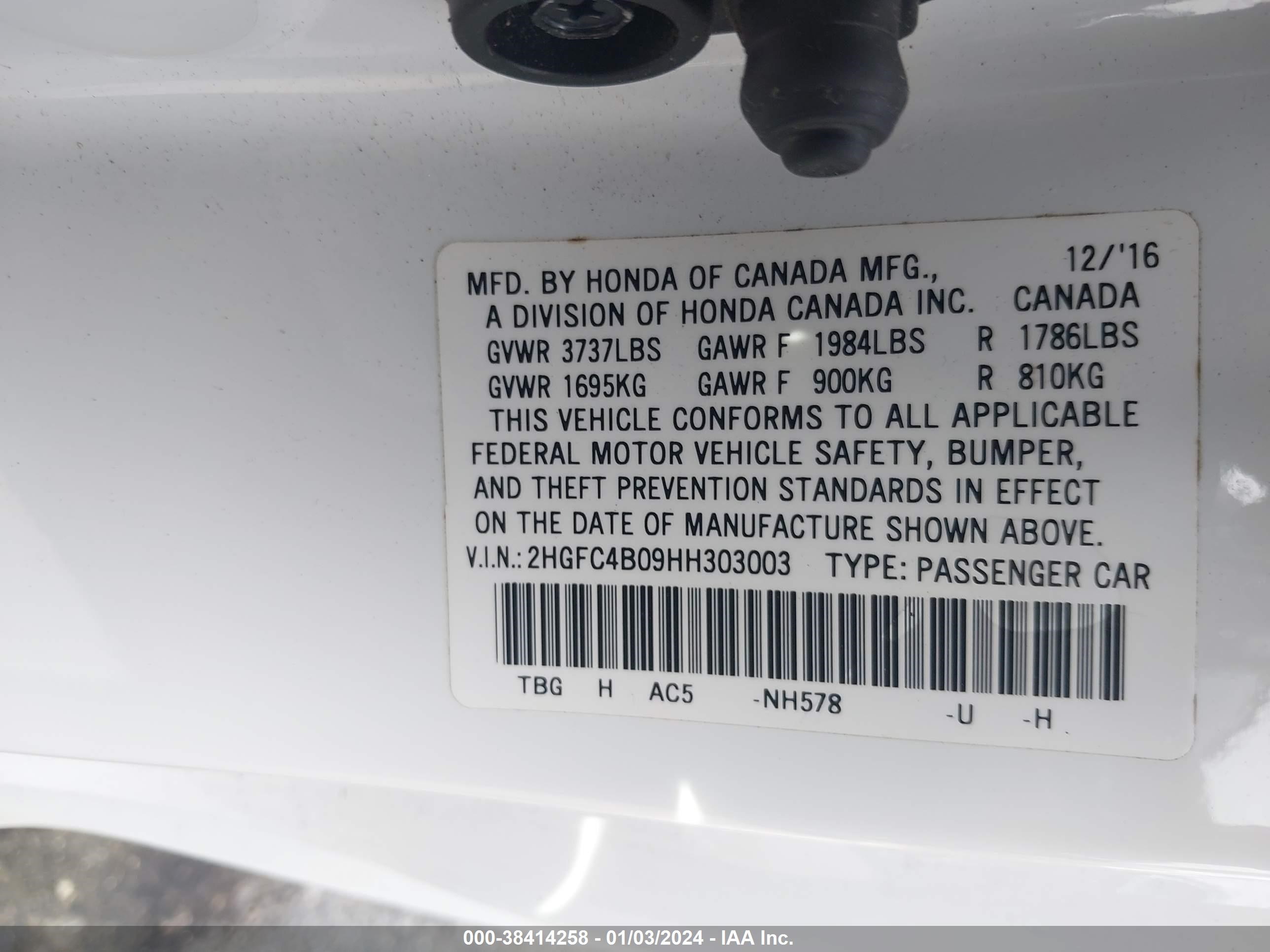 Photo 8 VIN: 2HGFC4B09HH303003 - HONDA CIVIC 