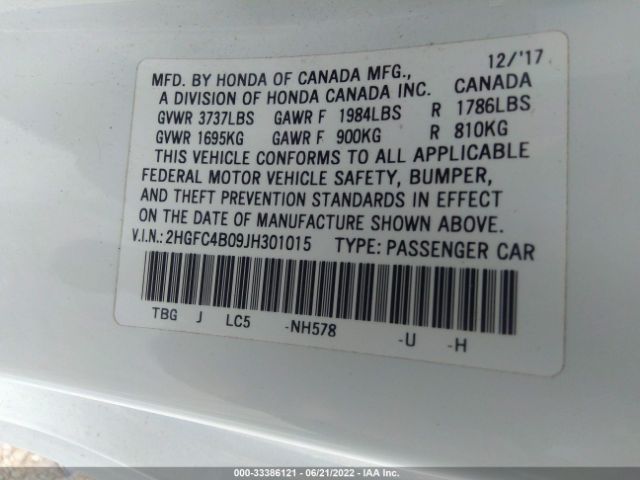 Photo 8 VIN: 2HGFC4B09JH301015 - HONDA CIVIC COUPE 