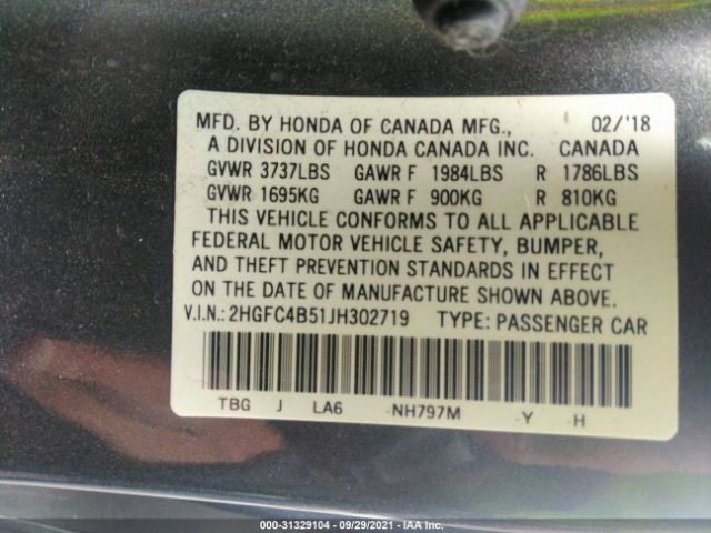 Photo 8 VIN: 2HGFC4B51JH302719 - HONDA CIVIC COUPE 