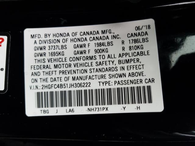 Photo 9 VIN: 2HGFC4B51JH306222 - HONDA CIVIC LX 