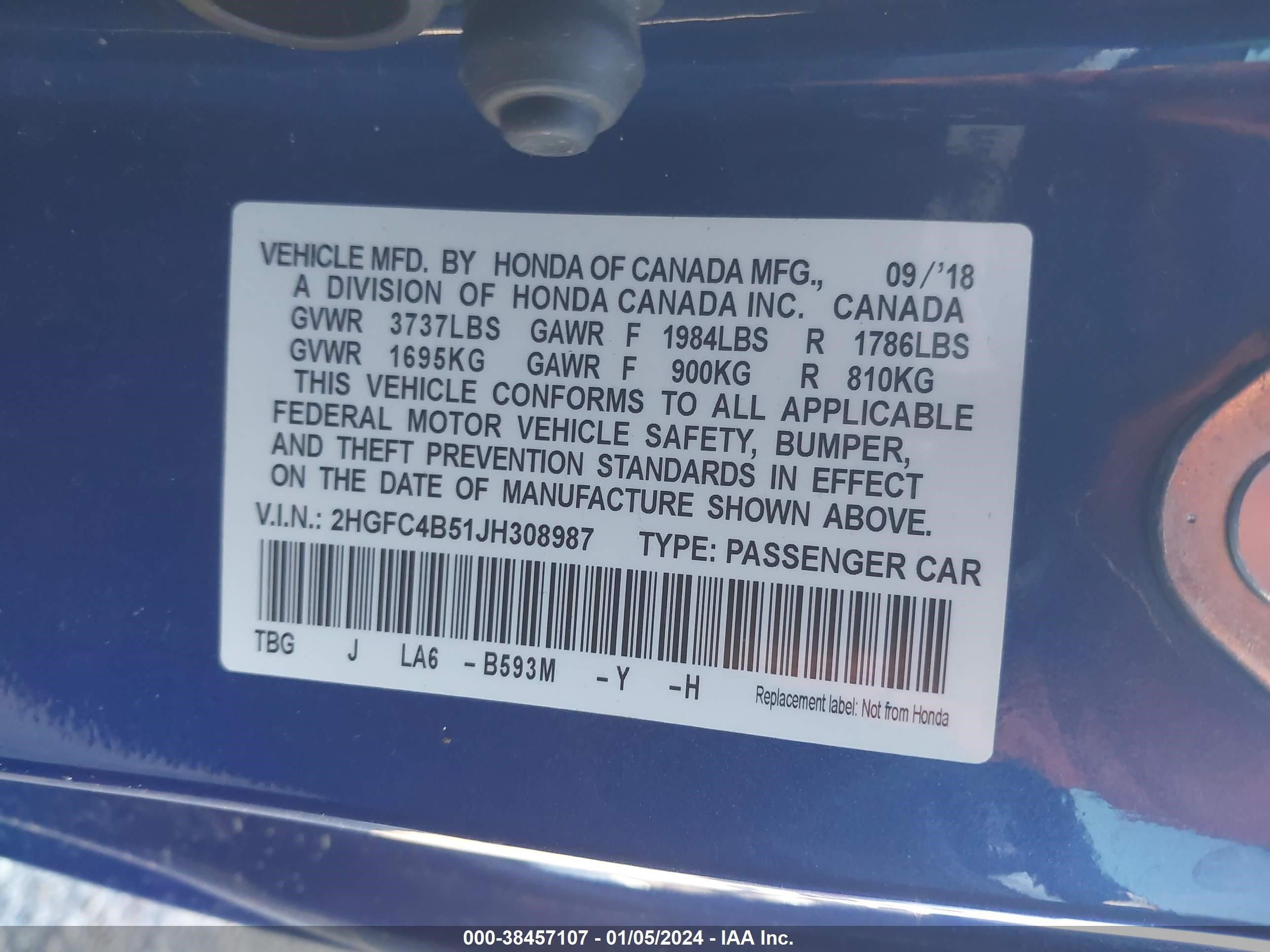 Photo 8 VIN: 2HGFC4B51JH308987 - HONDA CIVIC 