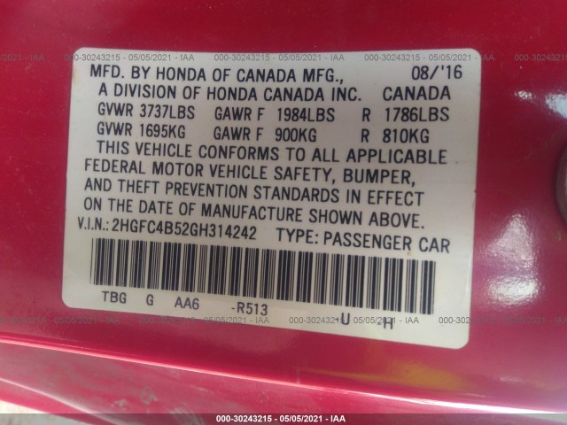 Photo 8 VIN: 2HGFC4B52GH314242 - HONDA CIVIC COUPE 