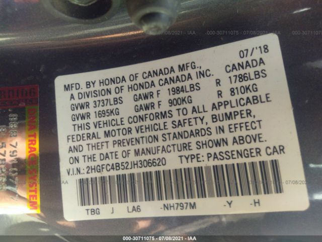 Photo 8 VIN: 2HGFC4B52JH306620 - HONDA CIVIC COUPE 