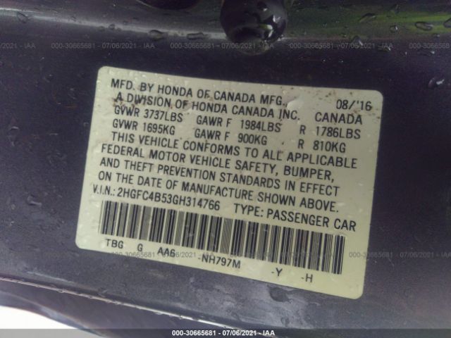 Photo 8 VIN: 2HGFC4B53GH314766 - HONDA CIVIC COUPE 