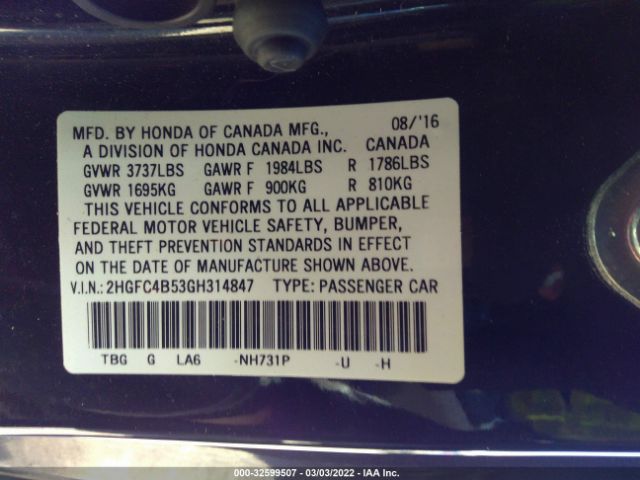 Photo 8 VIN: 2HGFC4B53GH314847 - HONDA CIVIC COUPE 