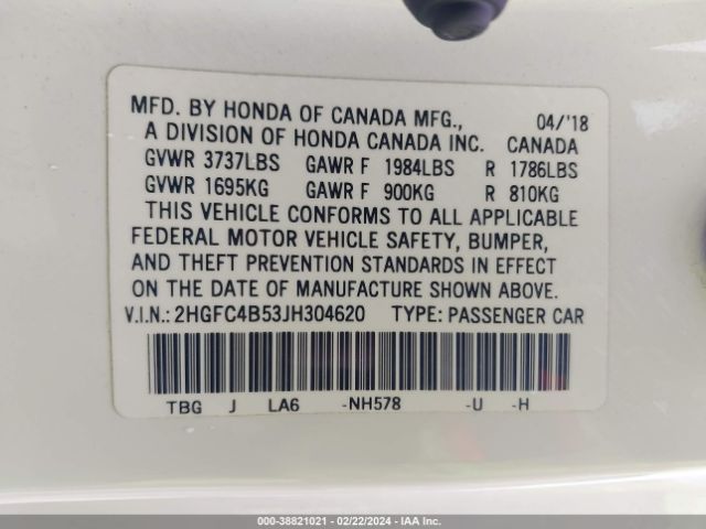 Photo 8 VIN: 2HGFC4B53JH304620 - HONDA CIVIC 