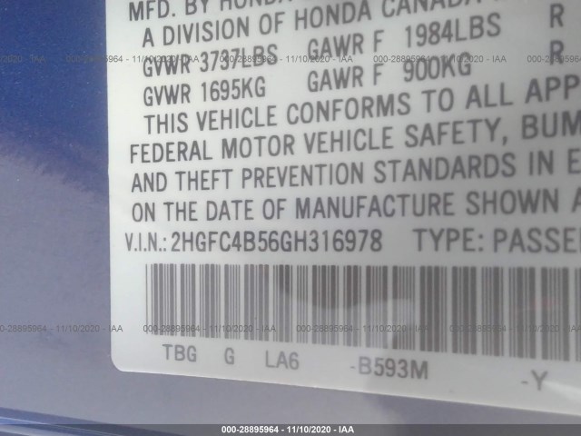 Photo 8 VIN: 2HGFC4B56GH316978 - HONDA CIVIC COUPE 