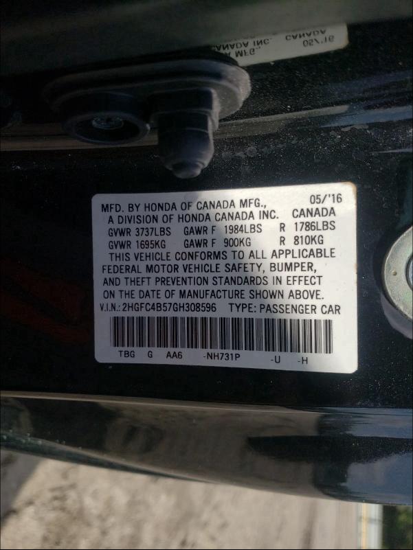 Photo 9 VIN: 2HGFC4B57GH308596 - HONDA CIVIC LX 