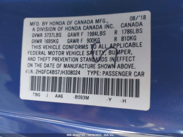 Photo 8 VIN: 2HGFC4B57JH308024 - HONDA CIVIC 