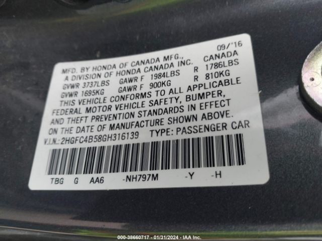 Photo 8 VIN: 2HGFC4B58GH316139 - HONDA CIVIC 