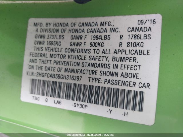 Photo 8 VIN: 2HGFC4B58GH316397 - HONDA CIVIC 