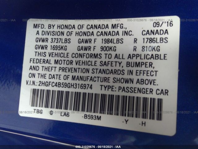 Photo 8 VIN: 2HGFC4B59GH316974 - HONDA CIVIC COUPE 