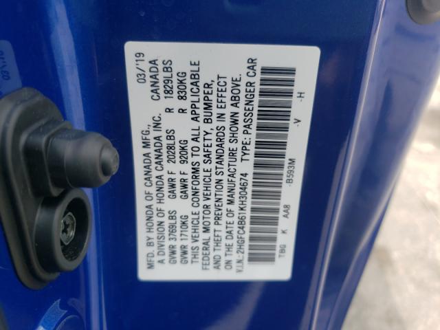 Photo 9 VIN: 2HGFC4B61KH304674 - HONDA CIVIC LX 