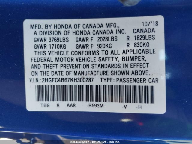 Photo 8 VIN: 2HGFC4B67KH300287 - HONDA CIVIC 