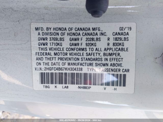 Photo 8 VIN: 2HGFC4B67KH304338 - HONDA CIVIC 