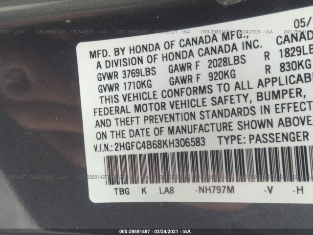 Photo 8 VIN: 2HGFC4B68KH306583 - HONDA CIVIC 