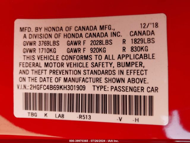 Photo 8 VIN: 2HGFC4B69KH301909 - HONDA CIVIC 