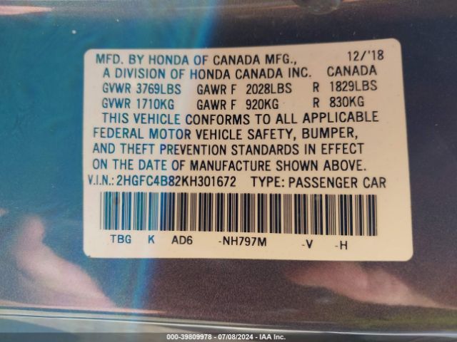 Photo 8 VIN: 2HGFC4B82KH301672 - HONDA CIVIC 