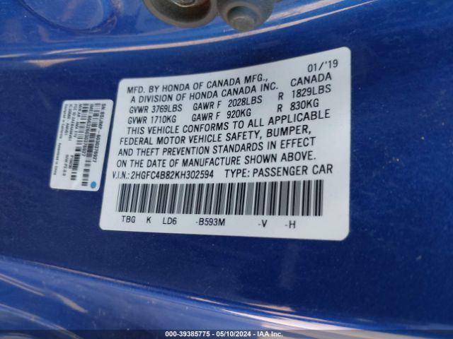 Photo 8 VIN: 2HGFC4B82KH302594 - HONDA CIVIC 