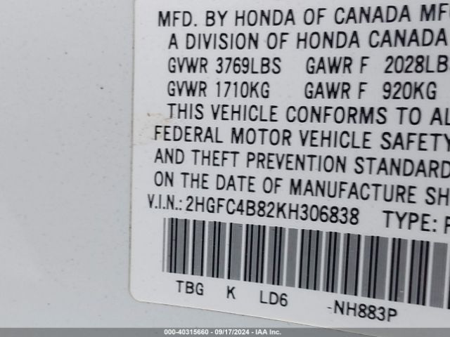 Photo 8 VIN: 2HGFC4B82KH306838 - HONDA CIVIC 