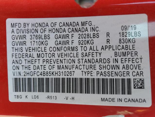 Photo 12 VIN: 2HGFC4B85KH310267 - HONDA CIVIC 