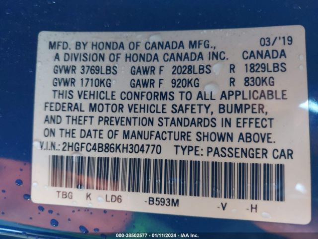 Photo 8 VIN: 2HGFC4B86KH304770 - HONDA CIVIC 