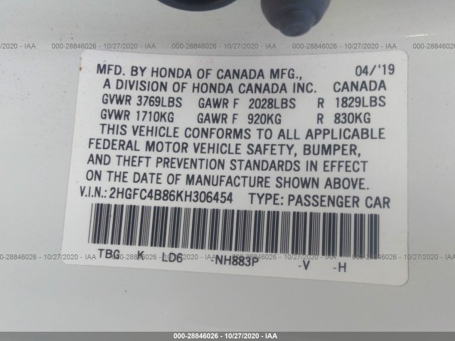 Photo 8 VIN: 2HGFC4B86KH306454 - HONDA CIVIC COUPE 