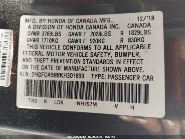 Photo 8 VIN: 2HGFC4B88KH301899 - HONDA CIVIC 