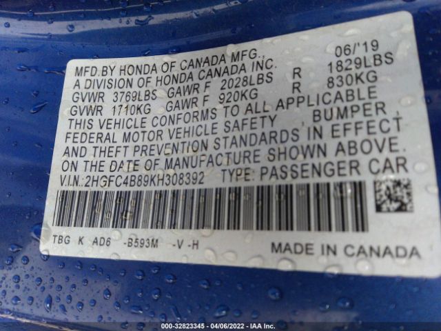 Photo 8 VIN: 2HGFC4B89KH308392 - HONDA CIVIC COUPE 