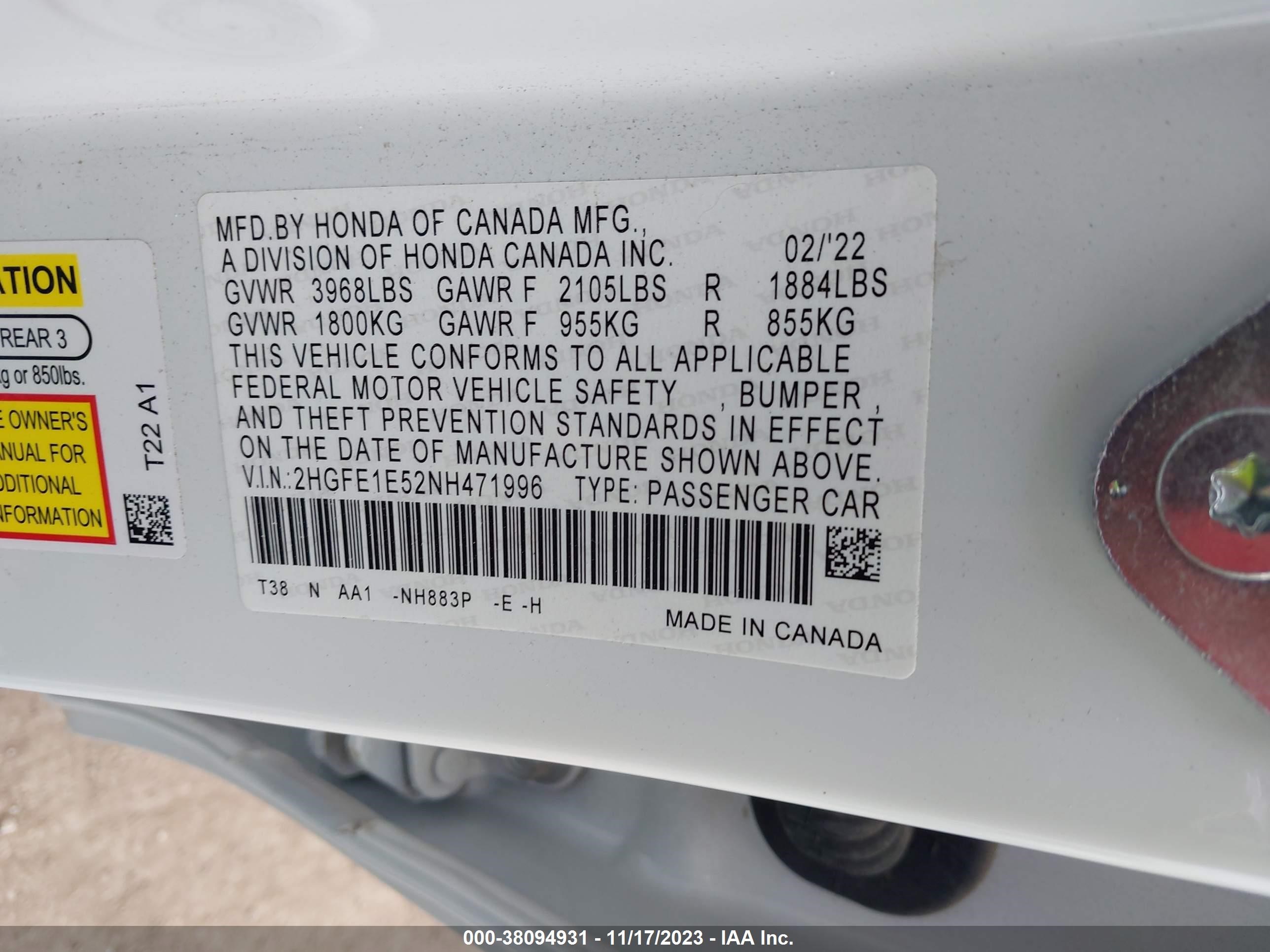 Photo 8 VIN: 2HGFE1E52NH471996 - HONDA CIVIC 