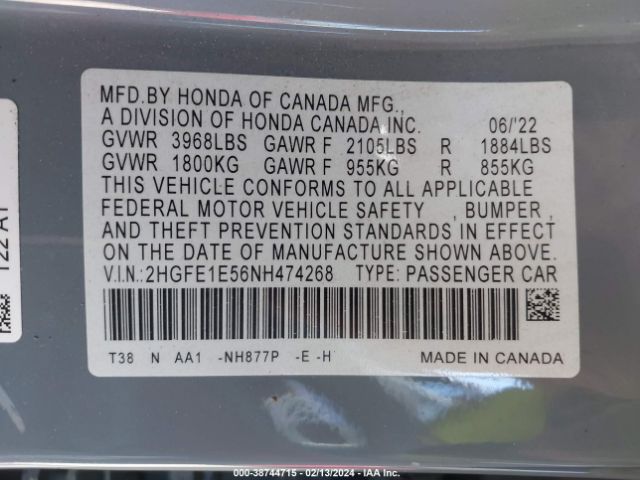 Photo 8 VIN: 2HGFE1E56NH474268 - HONDA CIVIC SI 