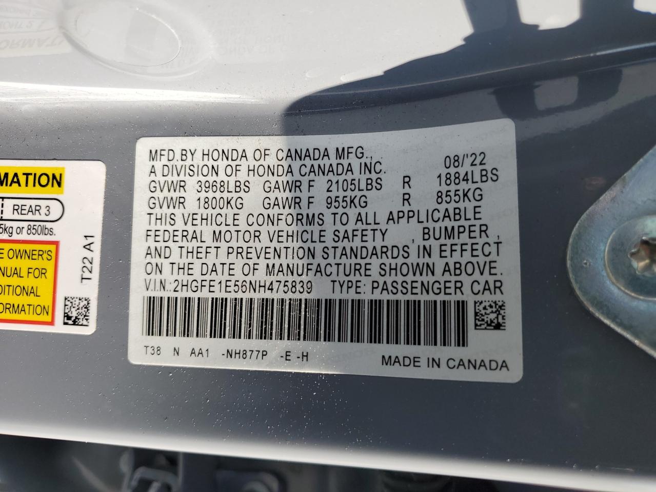 Photo 11 VIN: 2HGFE1E56NH475839 - HONDA CIVIC 