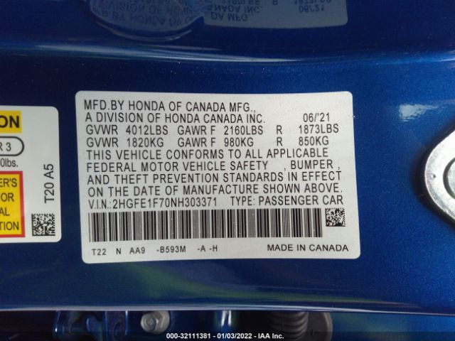 Photo 8 VIN: 2HGFE1F70NH303371 - HONDA CIVIC SEDAN 