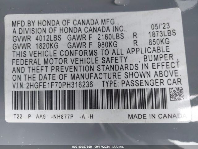 Photo 8 VIN: 2HGFE1F70PH316236 - HONDA CIVIC 