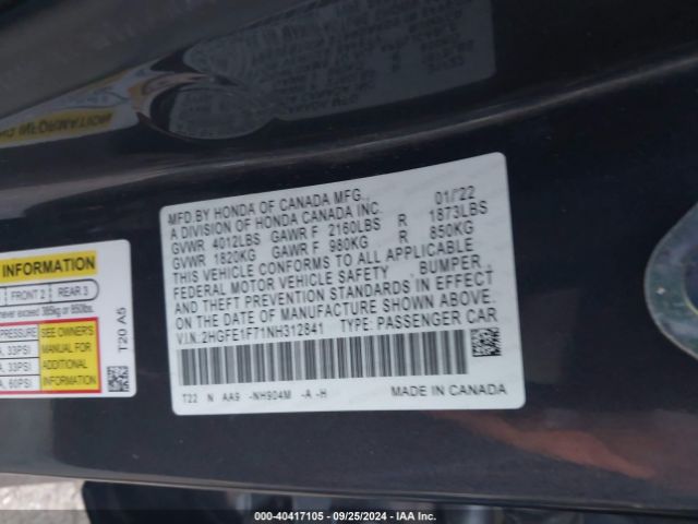 Photo 8 VIN: 2HGFE1F71NH312841 - HONDA CIVIC 