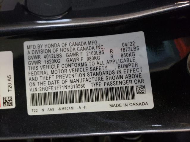 Photo 9 VIN: 2HGFE1F71NH318560 - HONDA CIVIC EX 