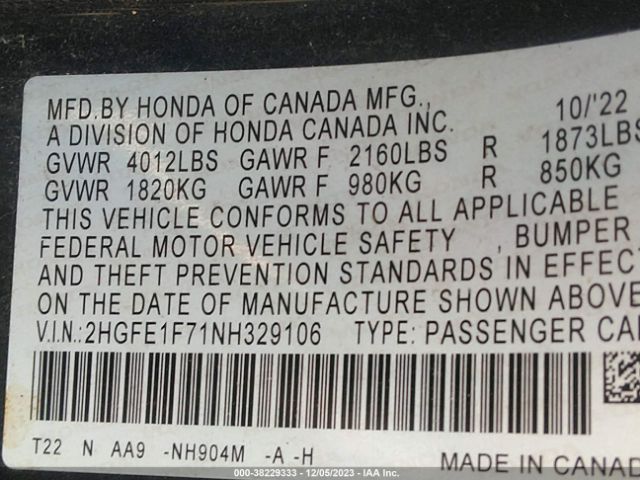 Photo 8 VIN: 2HGFE1F71NH329106 - HONDA CIVIC 