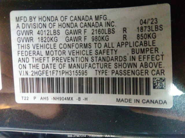 Photo 8 VIN: 2HGFE1F71PH315595 - HONDA CIVIC 