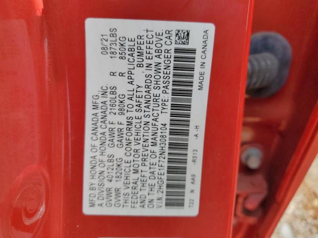 Photo 12 VIN: 2HGFE1F72NH308104 - HONDA CIVIC EX 